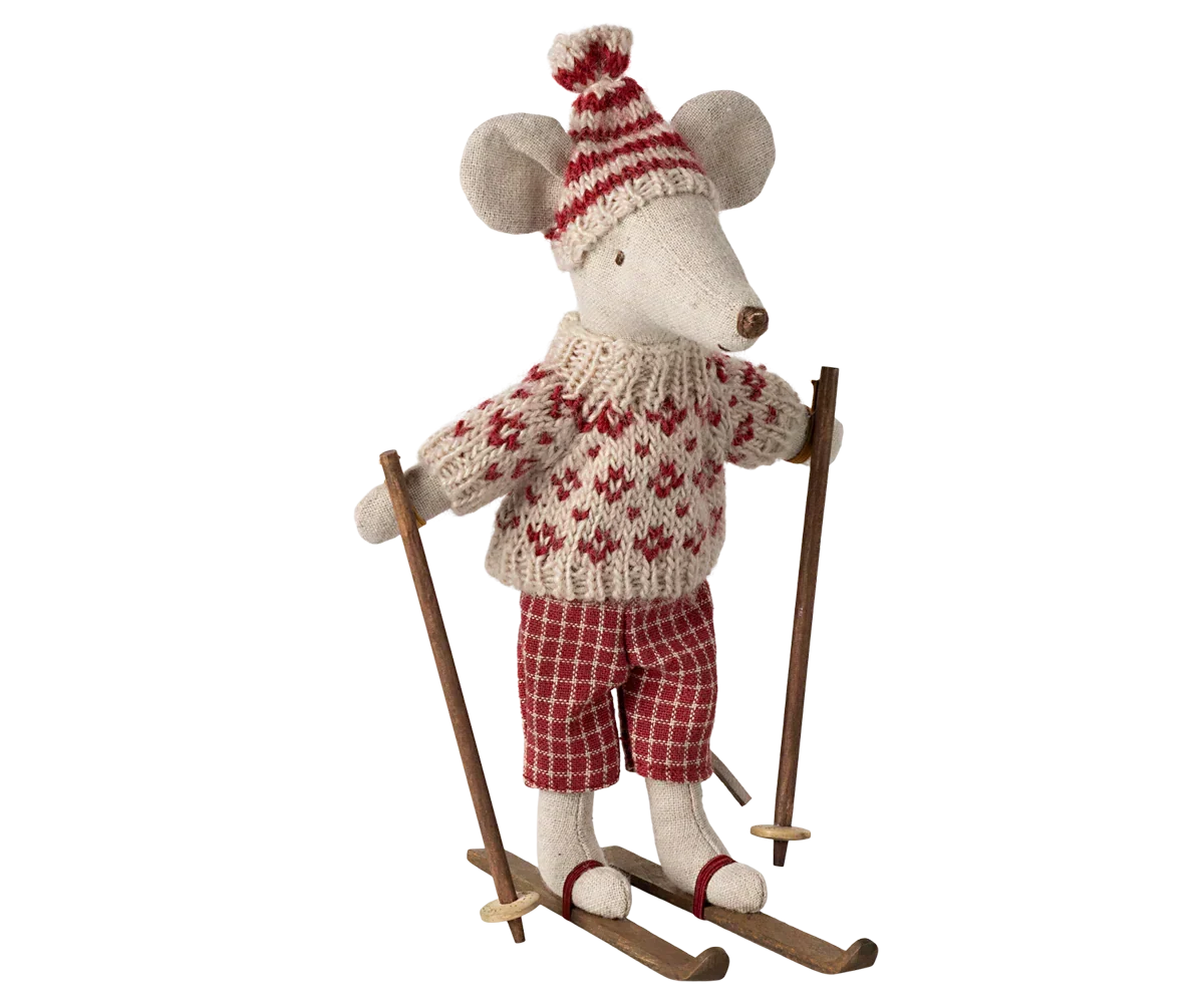 Maileg Winter mouse with ski set, Mum - Red