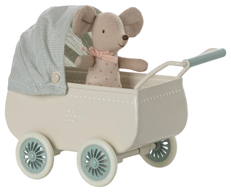 Maileg Pram with Baby Mouse - Mint