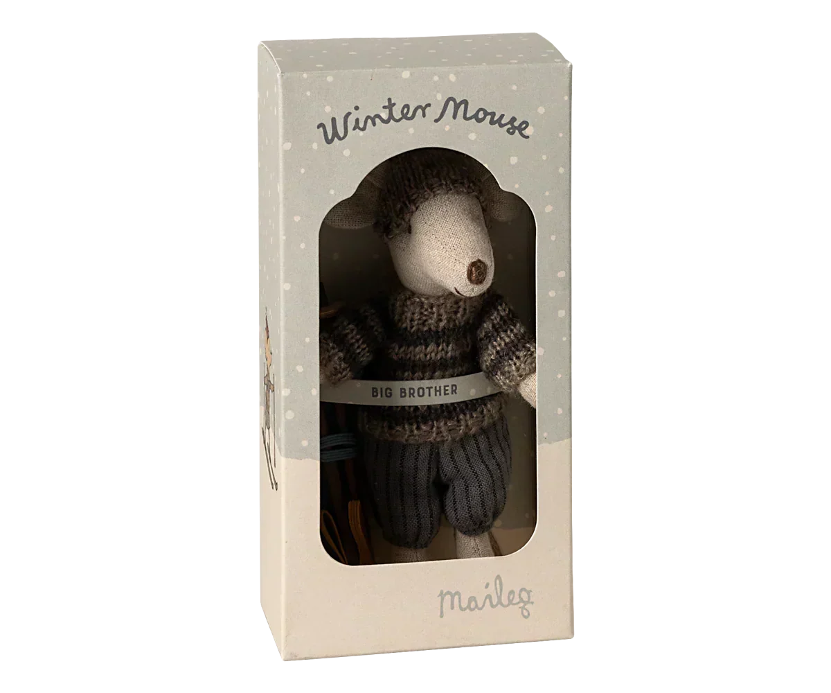 Maileg Winter mouse with ski set, Big brother - Grey